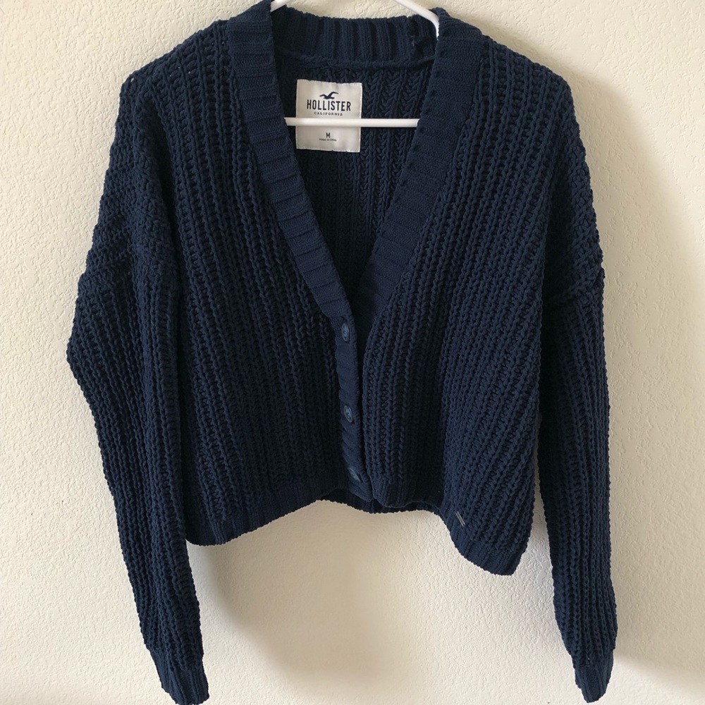 Hollister cropped navy chenille cardigan sweater M